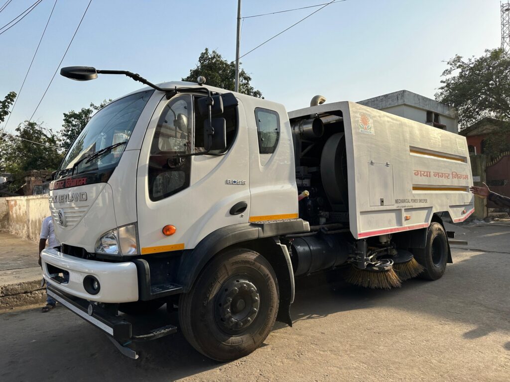 Swiping vehicle used in cleanliness throughout the night.
