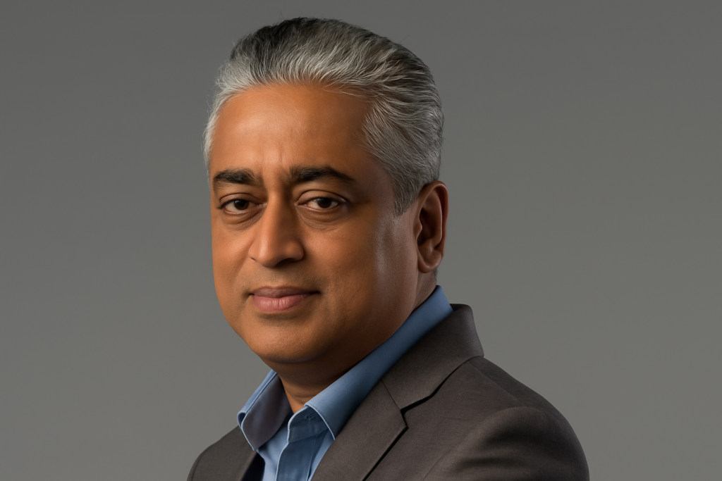 Rajdeep Sardesai, senior journalist and political commentator, photographed in a formal profile shot for editorial or media publication use